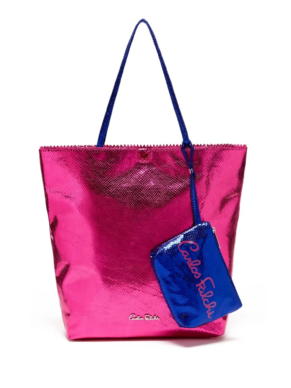 Vintage Y2K Carlos Falchi Metallic Fuchsia Tote Bag with Purple Pouch